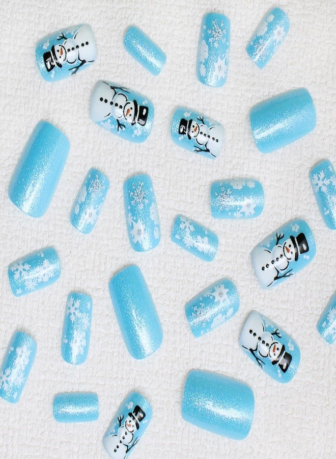 OCOUYVD Christmas Press on Nails Short Square Blue Glitter Fake Nails with Snowflake ＆ Snowman Designs Cute Xmas Winter Acrylic Nails Full Cover False Nails Stick on Nails for Women Women Nail Art DIY 24 Pcs - Image 2